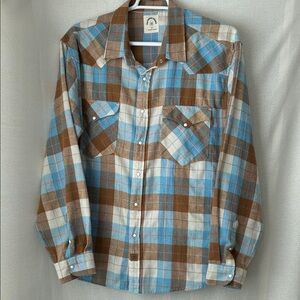Dubinik Custom Version Blue Cream Brown Plaid Western Flannel Snap Shirt